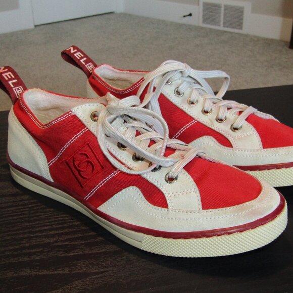 Chanel Ladies Tennis Shoes Rubber Sole Red Canvas & Gray Suede - Picture 1 of 12